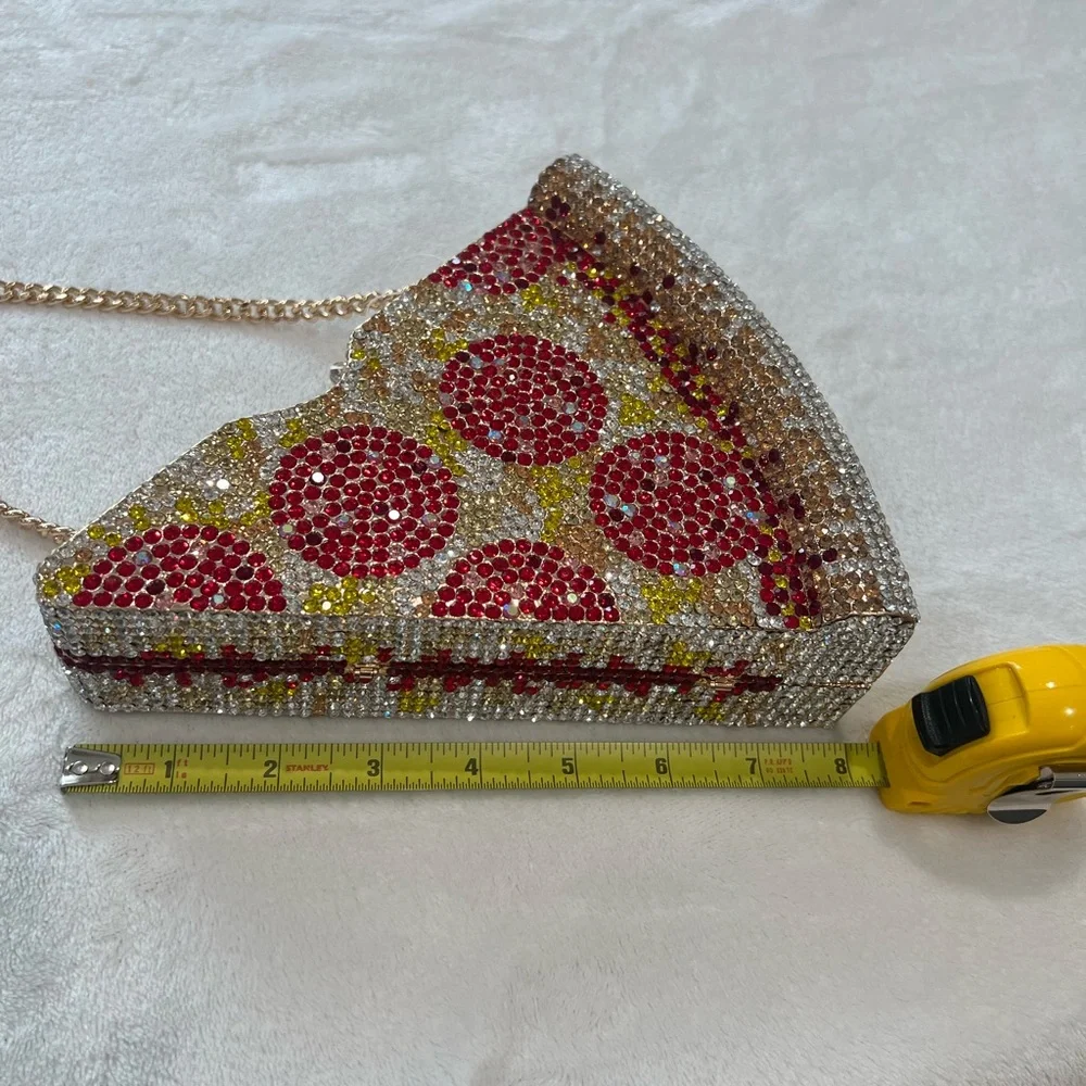 Embellished Pizza Slice Rhinestone Clutch in Red, Gold & Clear - Picture 7 of 16